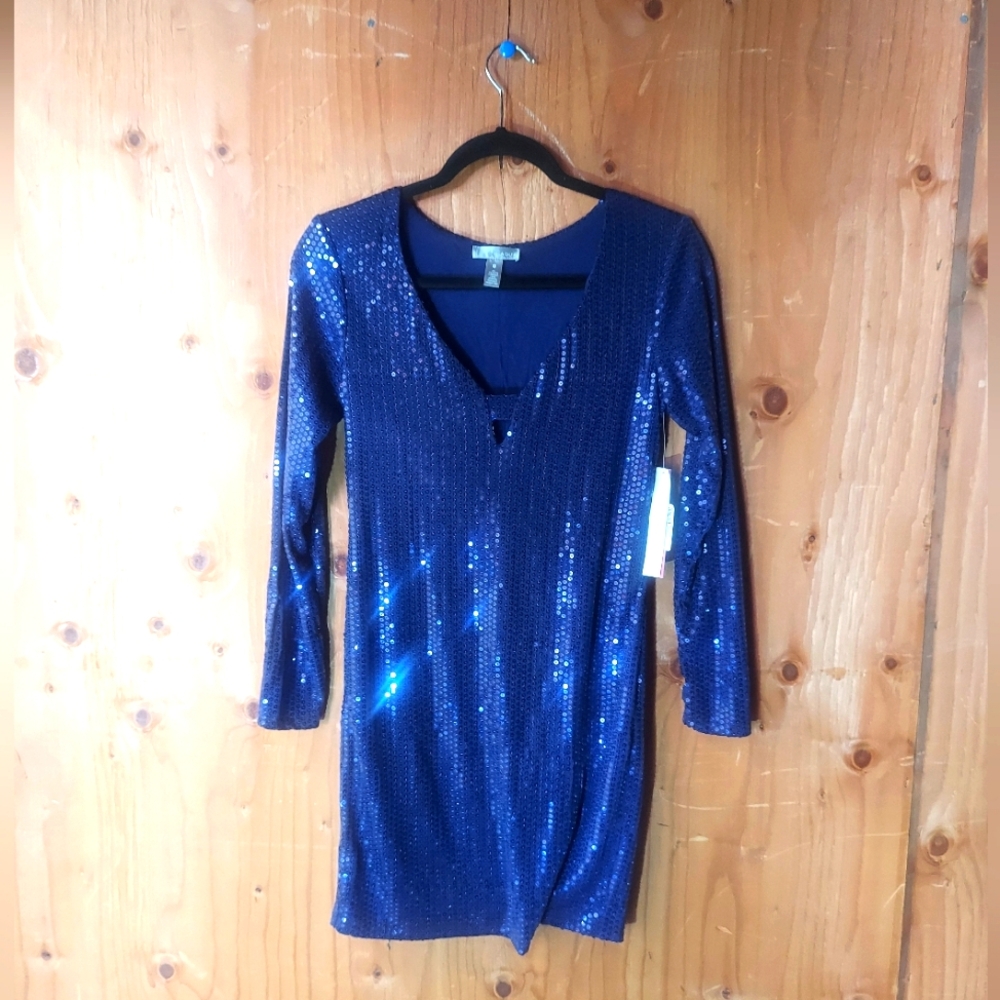 Aqua Capsule Deep Blue Purple Sequin Lined Keyhole Long Sleeve Party Dress